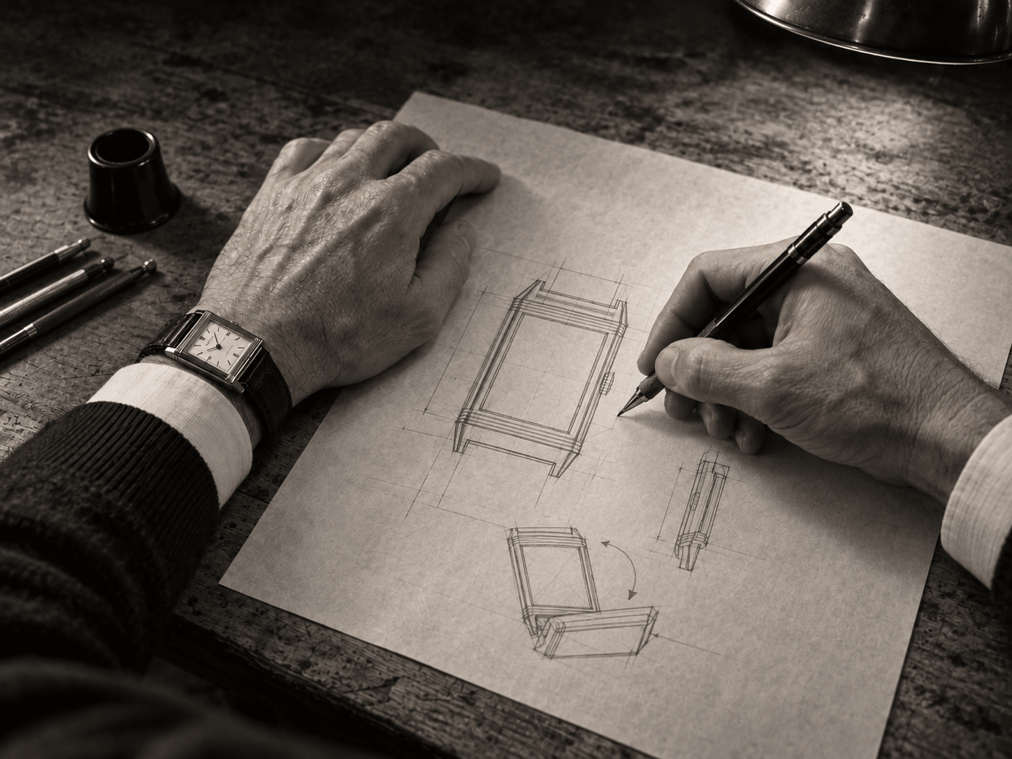 A watchmaker's hands drawing a technical study of the reversing case